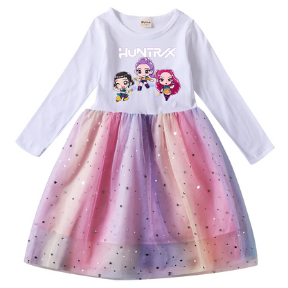 Girls' K-Pop Demon Hunters "Star Sparkle" Long Sleeve Tutu Dress: Rainbow Tulle Princess Gown