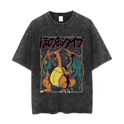 Pokemon Anime Retro Washed T-shirt Cotton Men's and Women's Summer New Item Plus Size T-shirt Y2K Loose Casual Short Sleeved Top