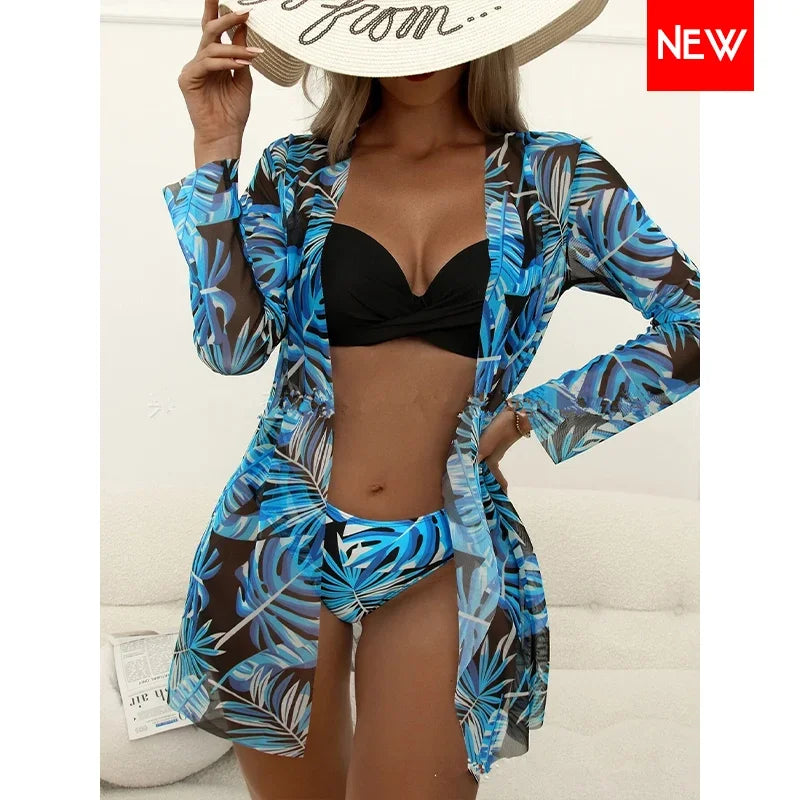 Three Pieces Bikini Set Cover Up Women 2023 New Push Up Twist Swimsuit Print Long Sleeve Swimwear Biquini Bathing Suit Summer