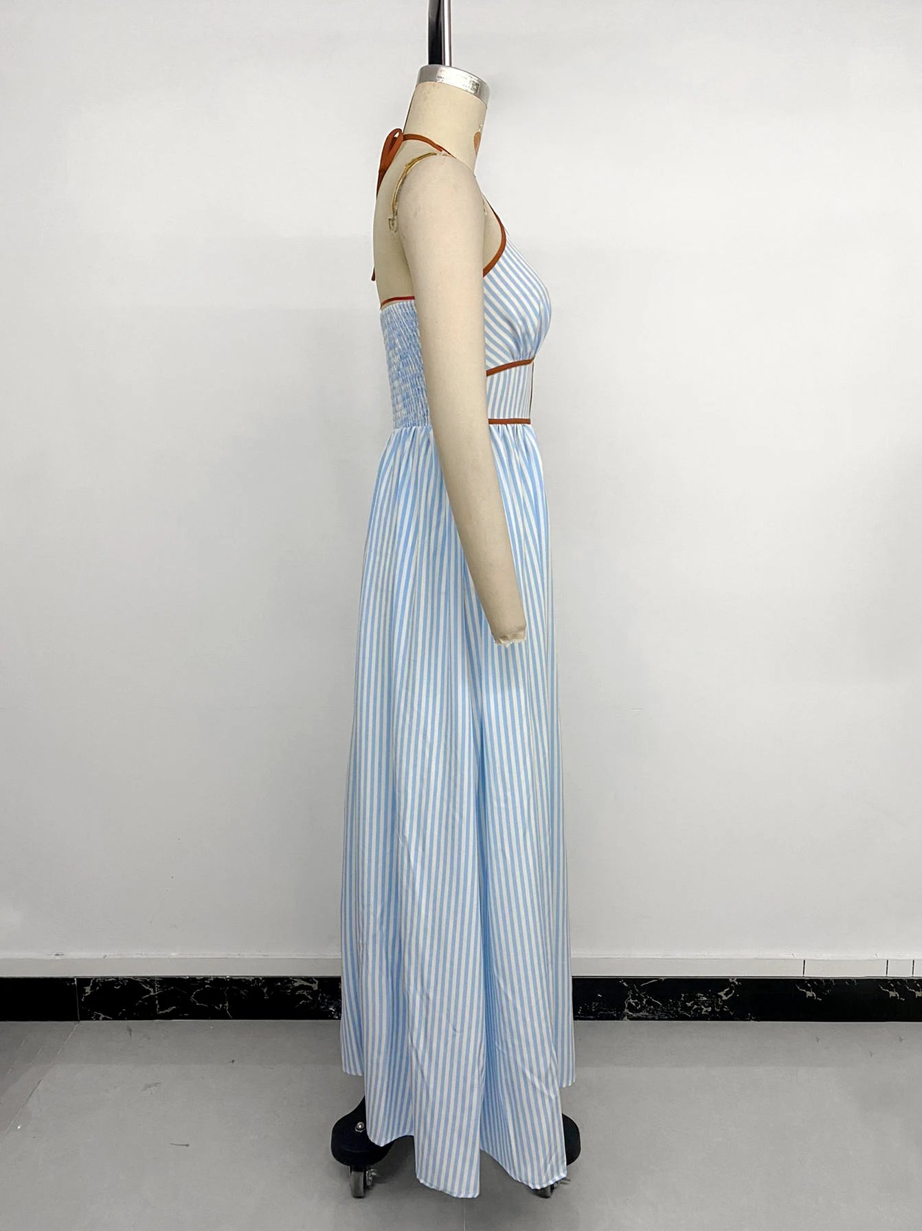 2026 Summer New Style Deep V-neck Striped Beach Dress, Sexy Backless Sleeveless Neckline Long Dress