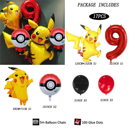 17pcs Pokemon Pikachu Theme Suit Balloon 40inch Red Number 1-9Foil Balls Children Birthday Party Decora Supplies Baby Shower