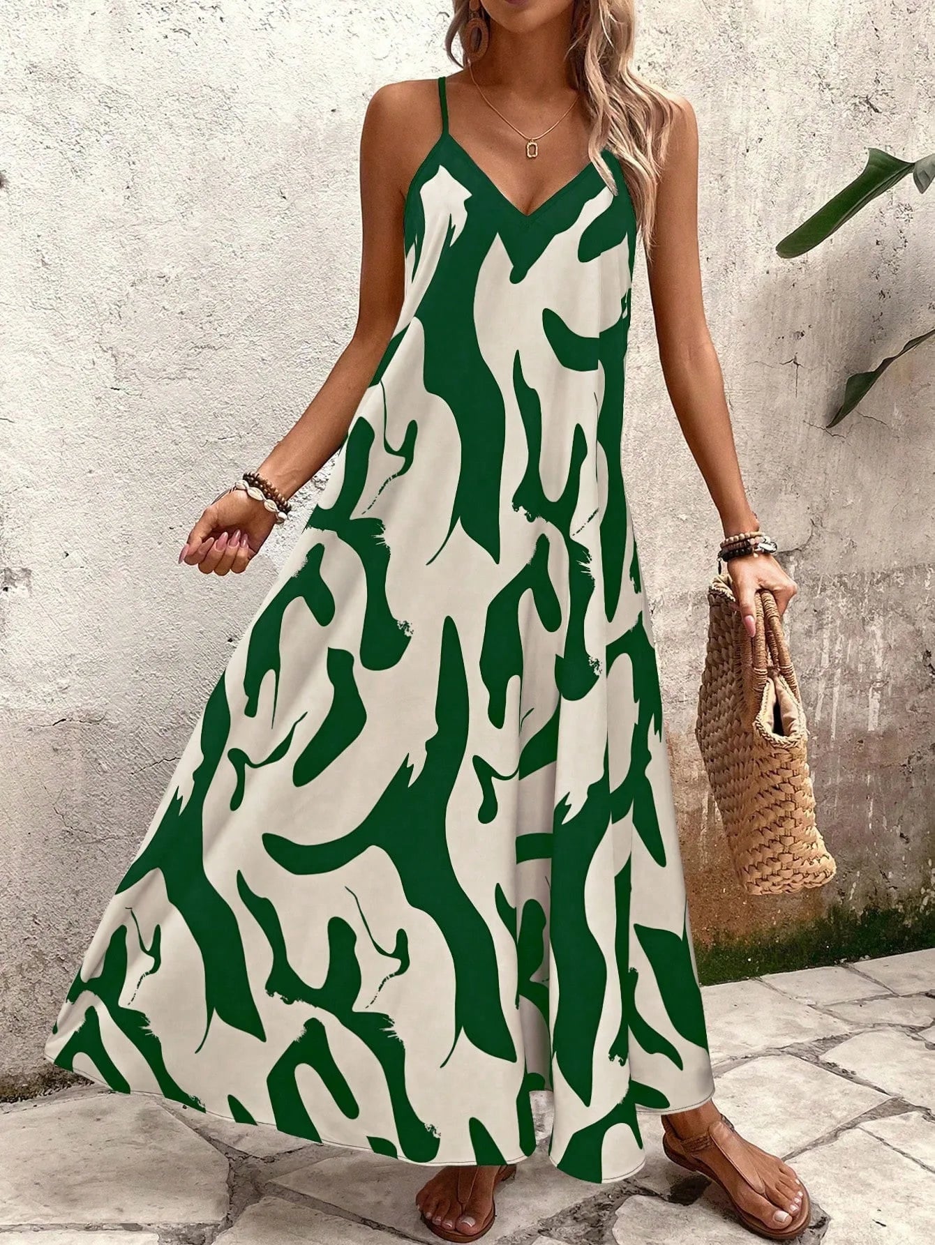Summer 2026 Women's Fashion Slim Fit Floral Print V-Neck Loose Holiday Style Dress Knitted Fabric A- Line Skirt Casual Wear
