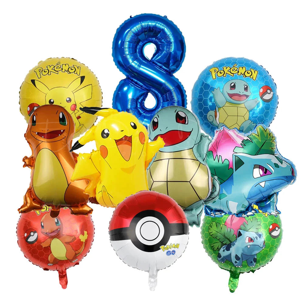 10pcs Cartoon Theme Party Balloon jump Pikachu Little Fire Dragon Jenny Turtle Foil Balloon Kids Birthday Party Decoration Gifts