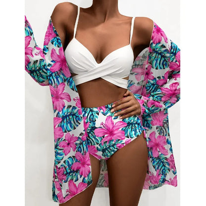 Three Pieces Bikini Set Cover Up Women 2023 New Push Up Twist Swimsuit Print Long Sleeve Swimwear Biquini Bathing Suit Summer