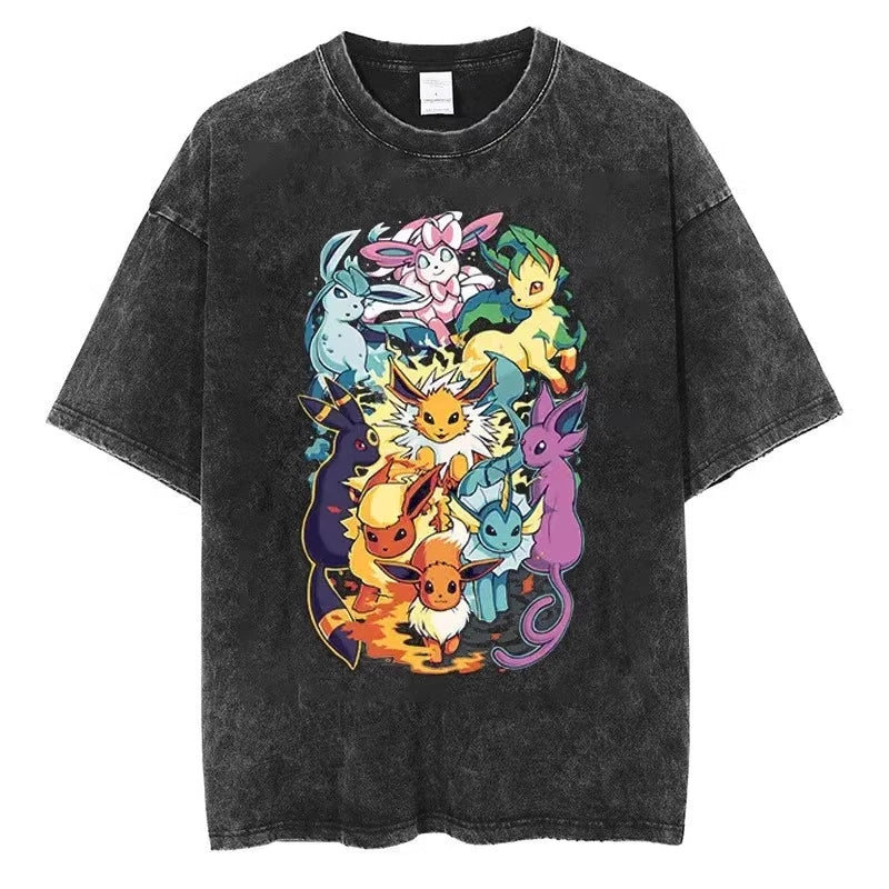 Pokemon Anime Retro Washed T-shirt Cotton Men's and Women's Summer New Item Plus Size T-shirt Y2K Loose Casual Short Sleeved Top