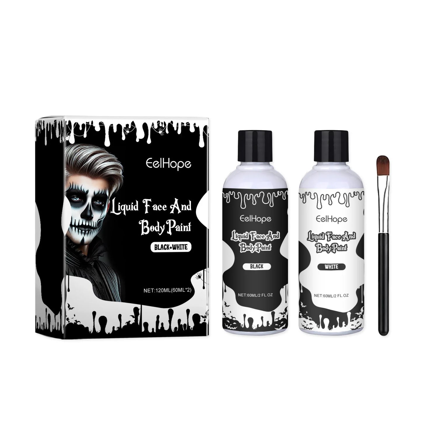 Eelhope Halloween Quick Dry Liquid Face Paint Body Paint Costume Party Waterproof Face Body Art Makeup with Brushes Washable