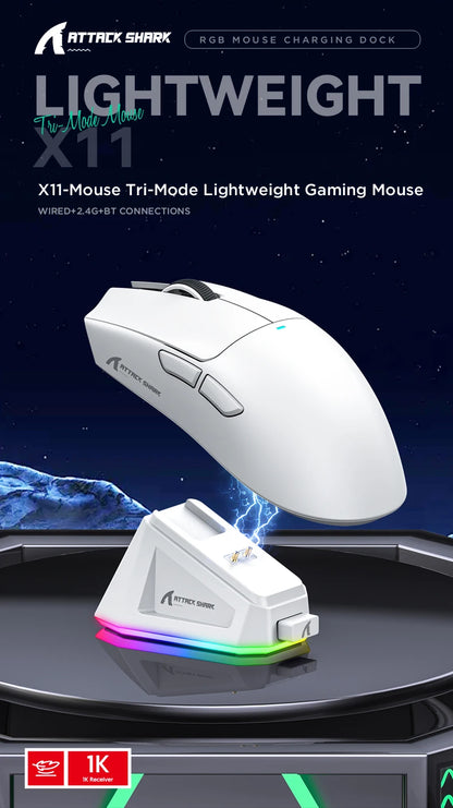 Attack Shark X11 Mouse PAW3311 Wireless 1K Hz Macro Magnetic RGB Docking Charger for Gaming