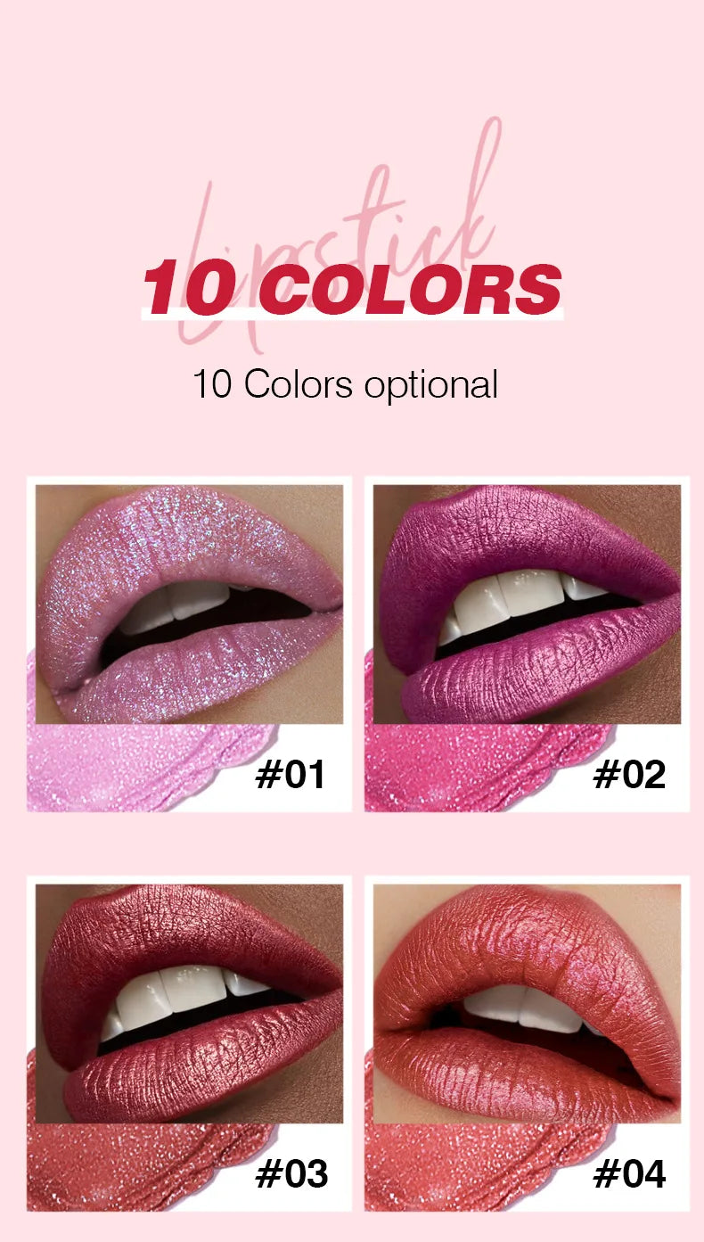 Pudaier Shimmery Diamond Lipstick: 10 Shades of Waterproof Glitter & Metallic Shine