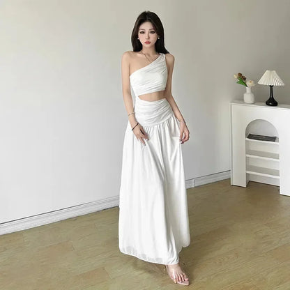 Original Quality French Style White Sleeveless Asymmetrical Shoulder Summer Long Dress Women's Holiday Feelings Skirt