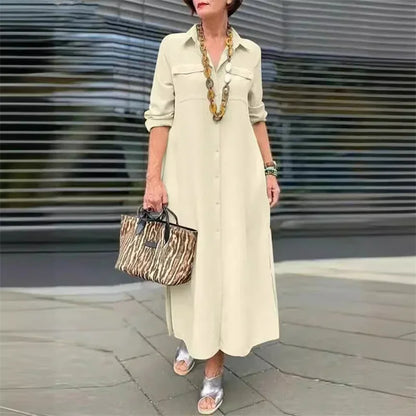 Women Spring Autumn Long Sleeve Lapel Single-breasted Cardigan Dress Double Pocket Splicing Dresses Elegant Female Commuter Gown