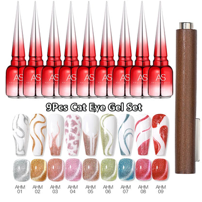 AS 9pcs Cat Eye Magnetic Moonlight Gel Nail Polish Set 15ml Sparkle White Silver Water Light Red UV Gel Nail Art Manicure Vernis