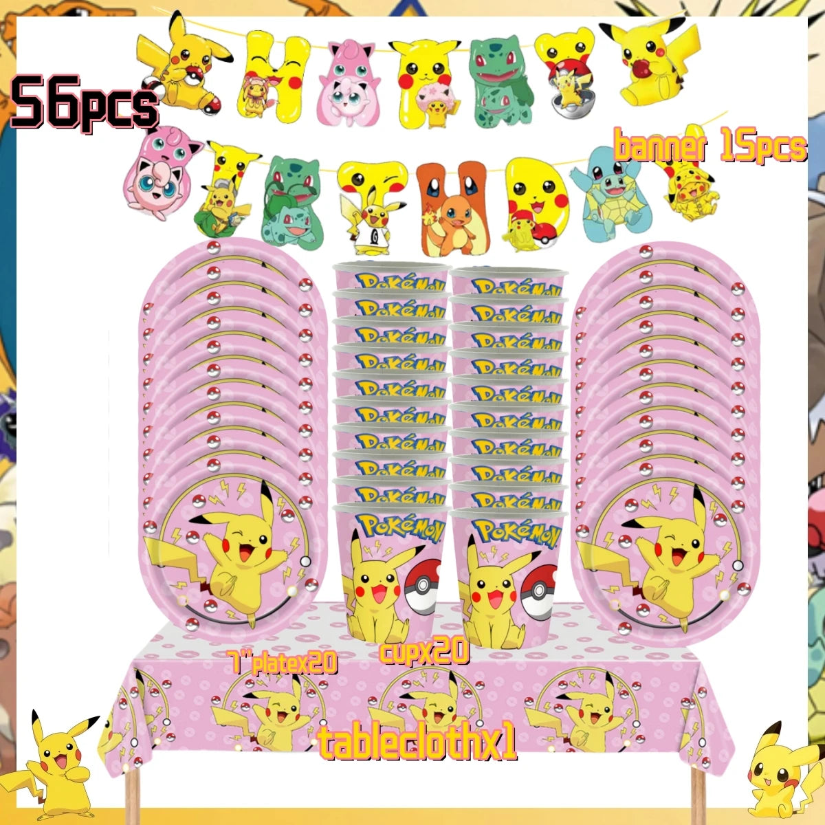 Pink Pokemon Birthday Party Decoration Disposable Tableware Set Pikachu Tablecloth Cup Plate Baby Shower Kids Diy Party Supplies