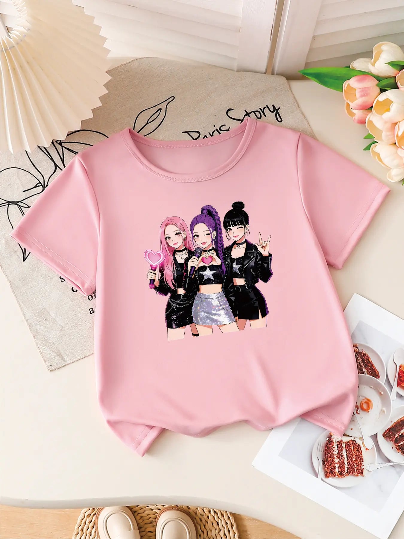 Girls K-POP Idol Group Print Short Sleeve T-Shirt Cute Concert Graphic Tee Kids Summer Casual Top