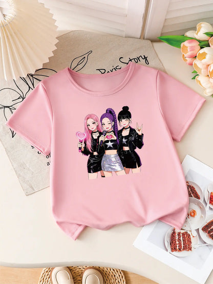 Girls K-POP Idol Group Print Short Sleeve T-Shirt Cute Concert Graphic Tee Kids Summer Casual Top