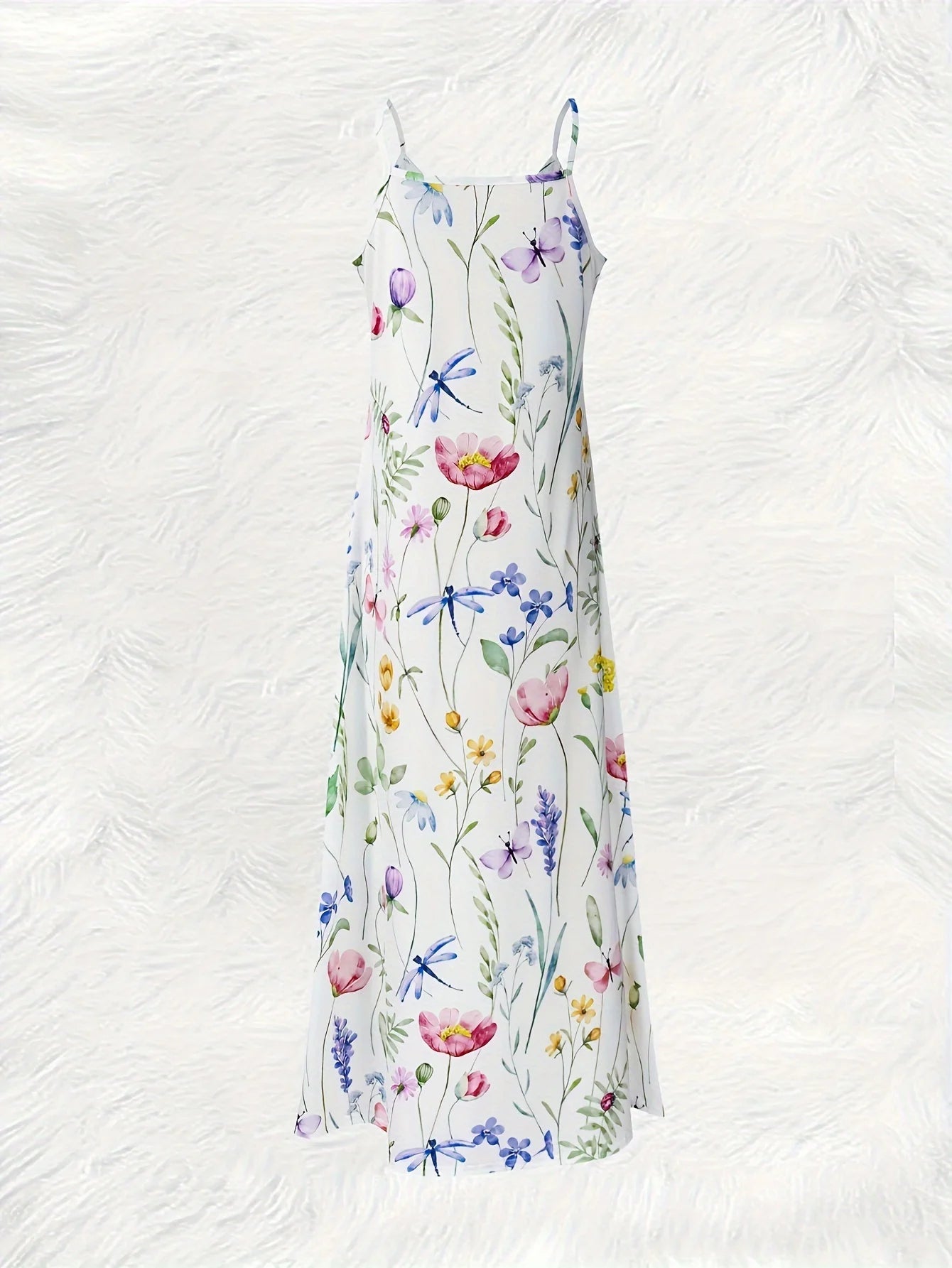 Printed Design Four Seasons casual style Floral Pattern With Butterflies And Leaves V-neck sling dress