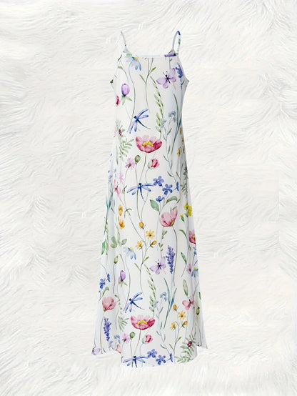Printed Design Four Seasons casual style Floral Pattern With Butterflies And Leaves V-neck sling dress