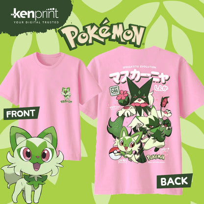 Anime Pokémon Sprigatito Evolution Cotton T-shirt Summer Men's and Women's Harajuku Clothing Fashion Casual Street T-shirt