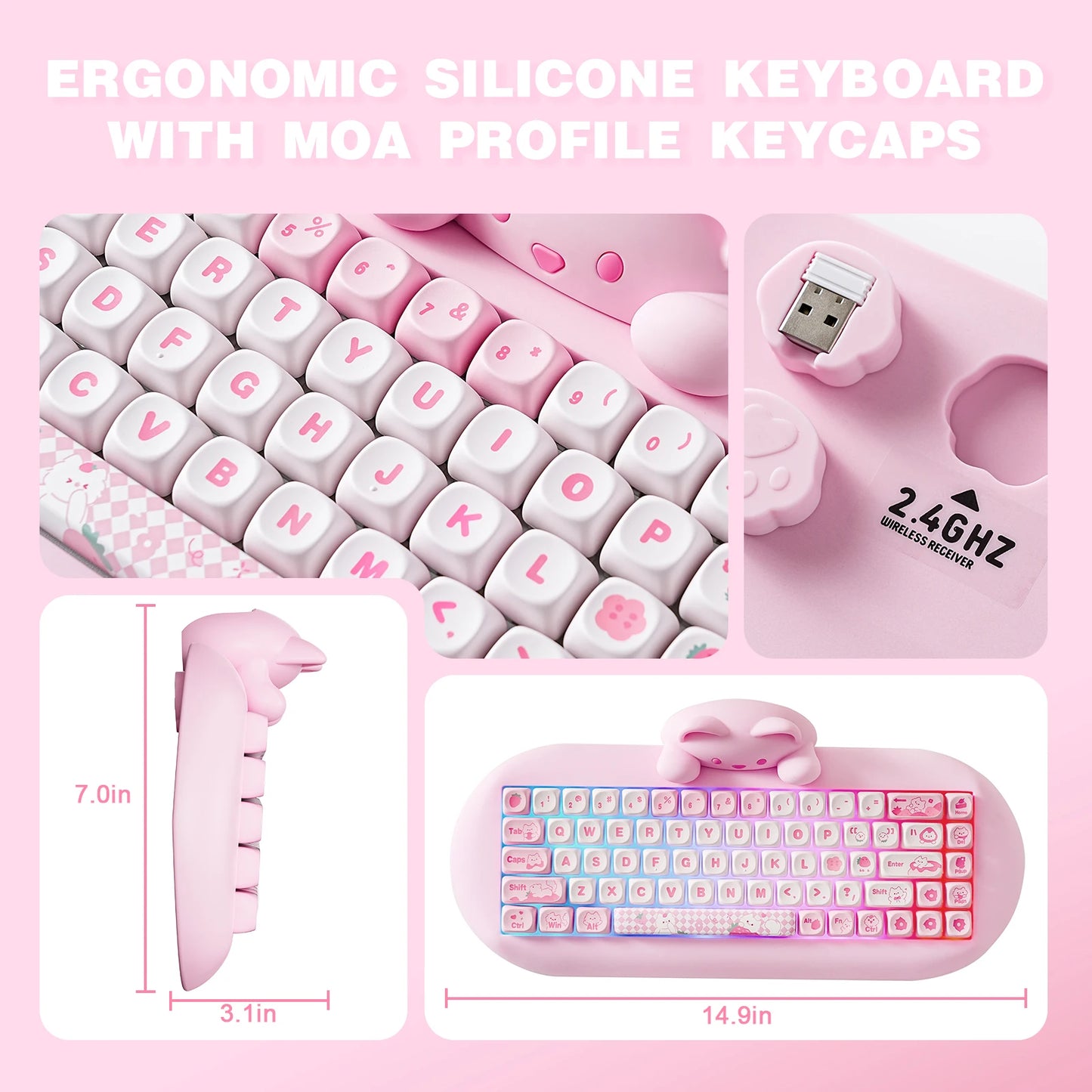 YUNZII C68 Pink 65% Hi-Fi Cute Cat Silicone Hot Swap NKRO  Ergonomic Wireless BT5.0/2.4G/Wired RGB Mechanical Gaming Keyboard