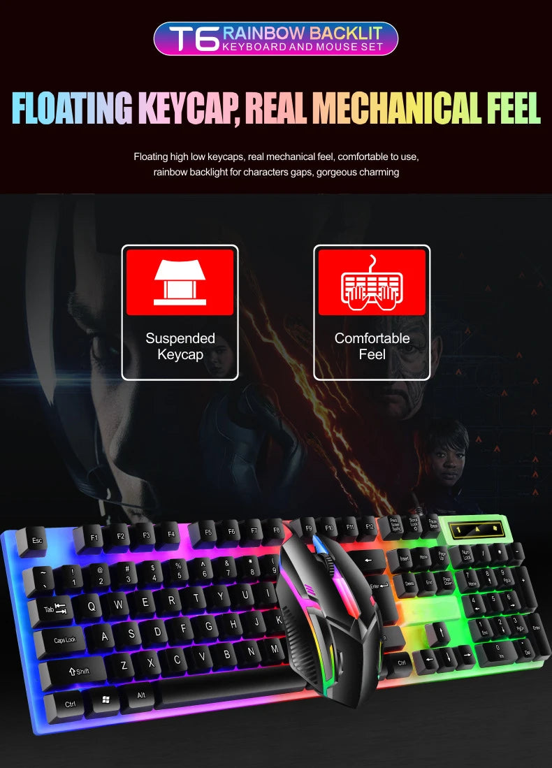 Colorful LED Backlit USB Keyboard and Mouse Combo, Comfortable Grip, Durable and Wear-Resistant. Suitable for Business, Office,