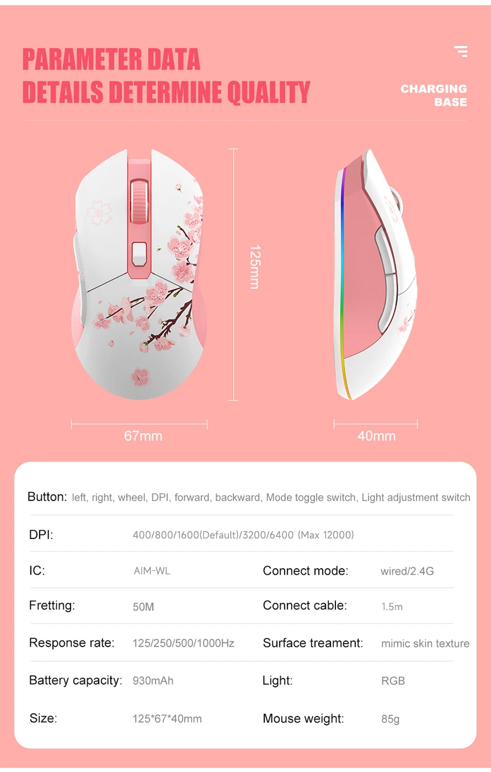 DAREU EM901X Wireless Mouse, 2.4G Wired Dual-mode Mouse, AIM-WL 12000 DPI RGB Magnetic Charging Dock Gaming Mouse for PC Gamer