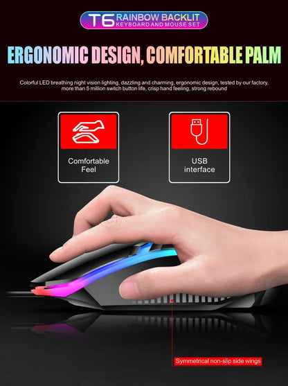 Colorful LED Backlit USB Keyboard and Mouse Combo, Comfortable Grip, Durable and Wear-Resistant. Suitable for Business, Office,