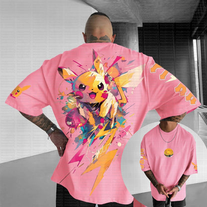 Summer 2026 Pokemon Cotton T Shirt Pikachu Back Print Colorful Splash And Lightning Design Loose Fit Men Women Casual Fashion