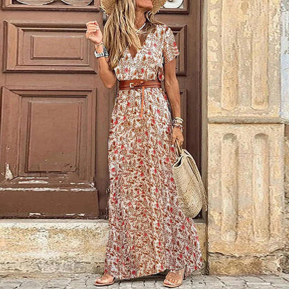 Summer Trend V-Neck Women Retro Vintage Print Slim With Belt Sexy Casual Elegant Holiday Dress High Slit Irregular Midi Dress
