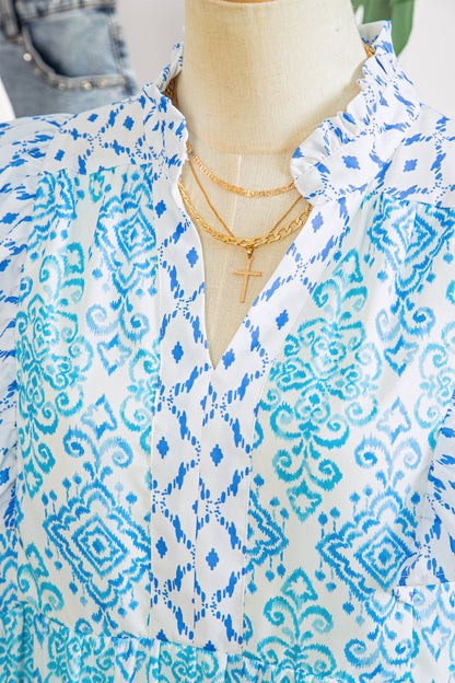 Sky Blue Boho Floral Geometric Patchwork Ruffle Detail Puff Sleeve Mini Dress