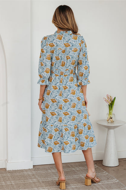 Sky Blue Floral Printed Frilled V Neck Bracelet Sleeve Long Dress