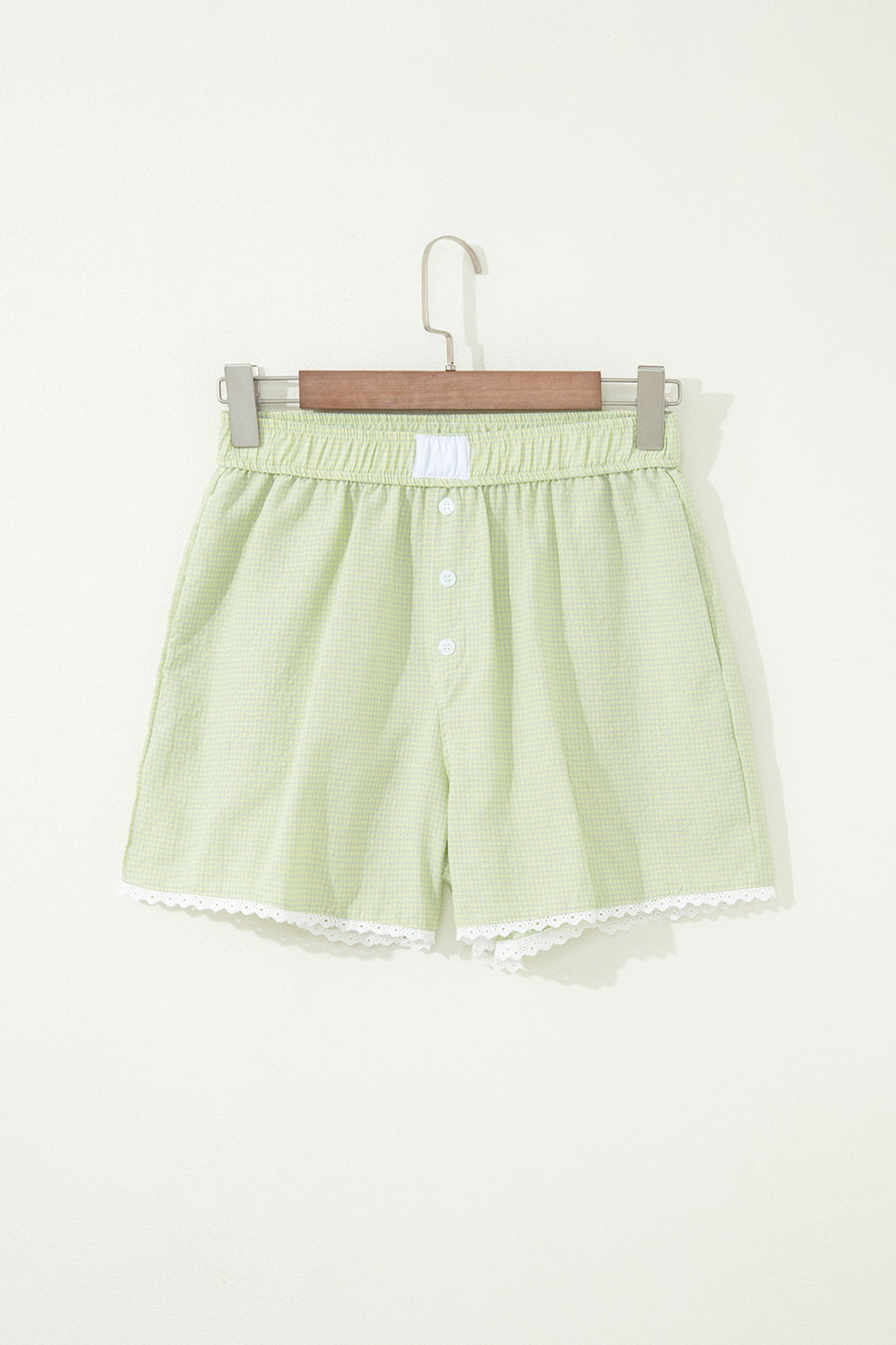 Green Gingham Plaid Button Detail Lace Trim Boxer Shorts