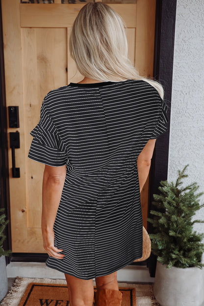 White Stripe Ruffled Short Sleeve Crew Neck T Shirt Shift Mini Dress