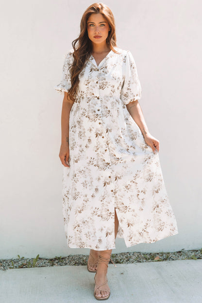 Khaki Floral Puff Sleeve V Neck Buttoned Front Maxi Dress