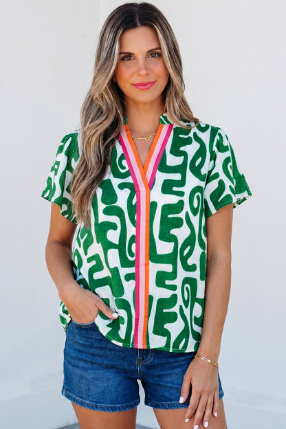 Green Abstract Print Striped Trim V Neck Short Sleeve Blouse