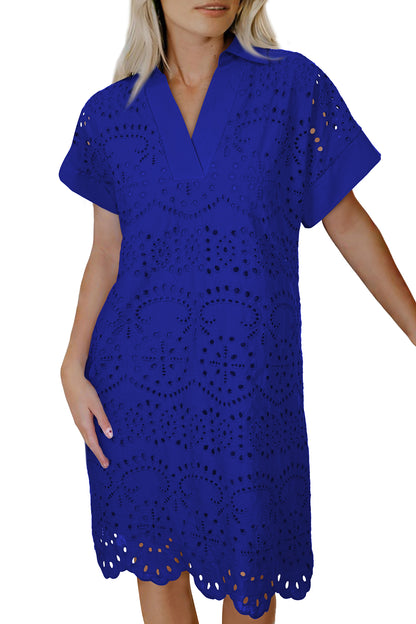 White Solid Color Eyelet Embroidered T Shirt Mini Dress