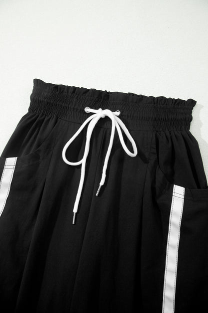 Black Contrast Striped Smocked Waist Drawstring Cropped Casual Pants