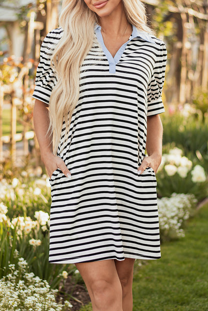 Black Stripe Contrast V Neck Collared Puff Sleeve T Shirt Mini Dress with Pockets