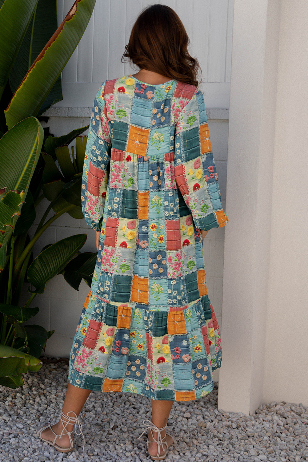 Sky Blue Mix Floral Checkered Pattern Bubble Sleeve Ruffle Hem Dress