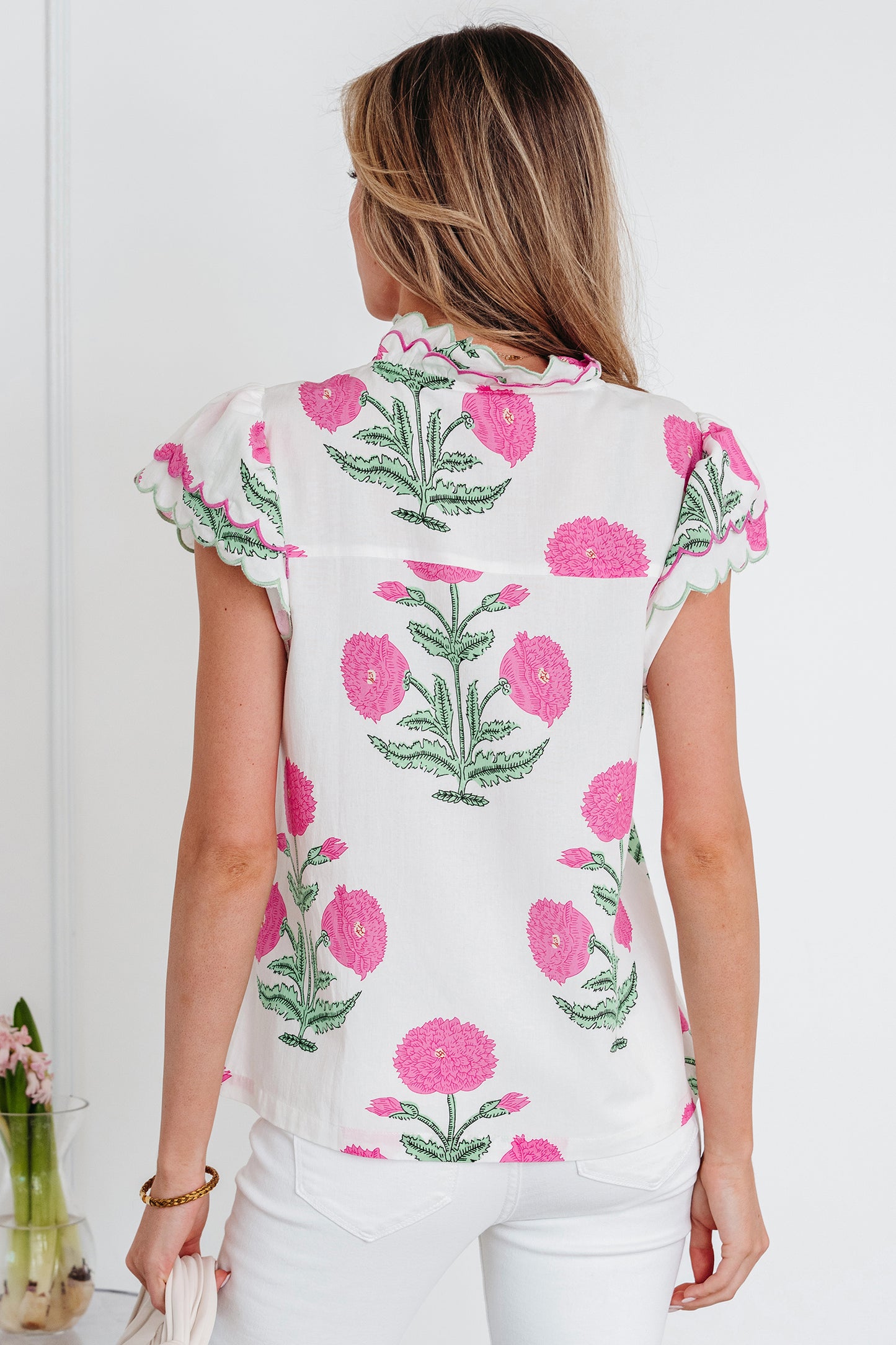 Blue Wild Flower Print Contrast Trim Scallop Detail Short Sleeve Blouse