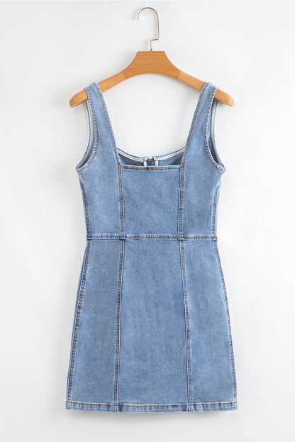 Beau Blue Seamed Zipper Square Neck Sleeveless Denim Mini Dress