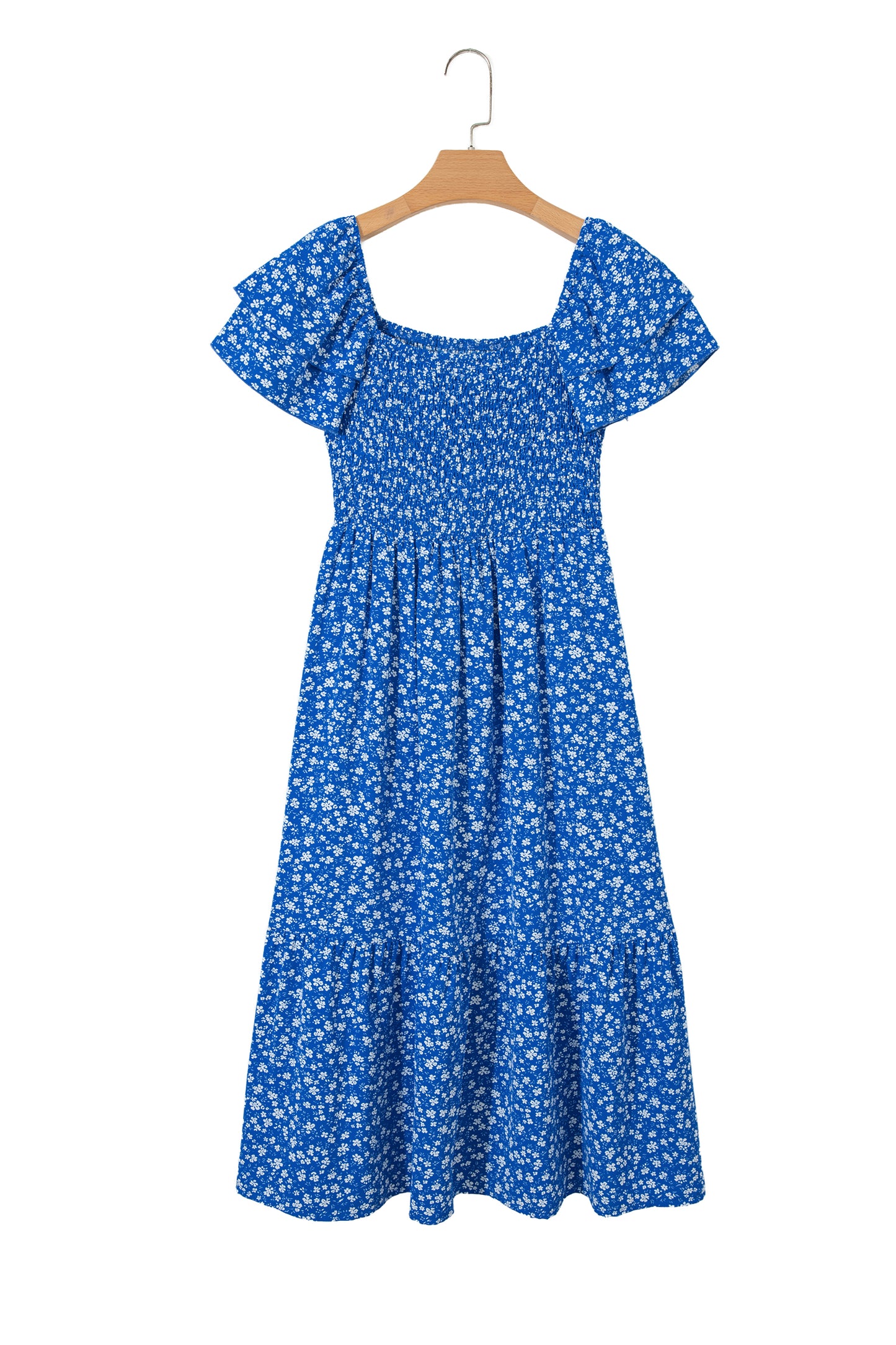 Beige Ditsy Floral Print Smocked Square Neck Ruffle Short Sleeve Dress