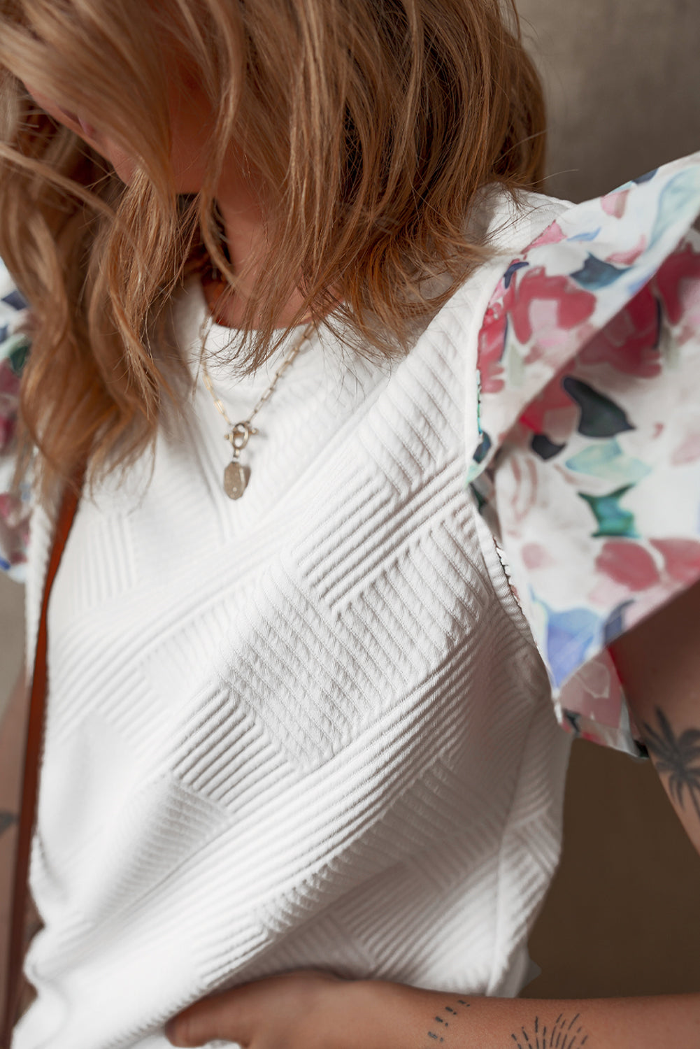 Parchment Abstract Print Tiered Ruffled Sleeve Textured Knit Top