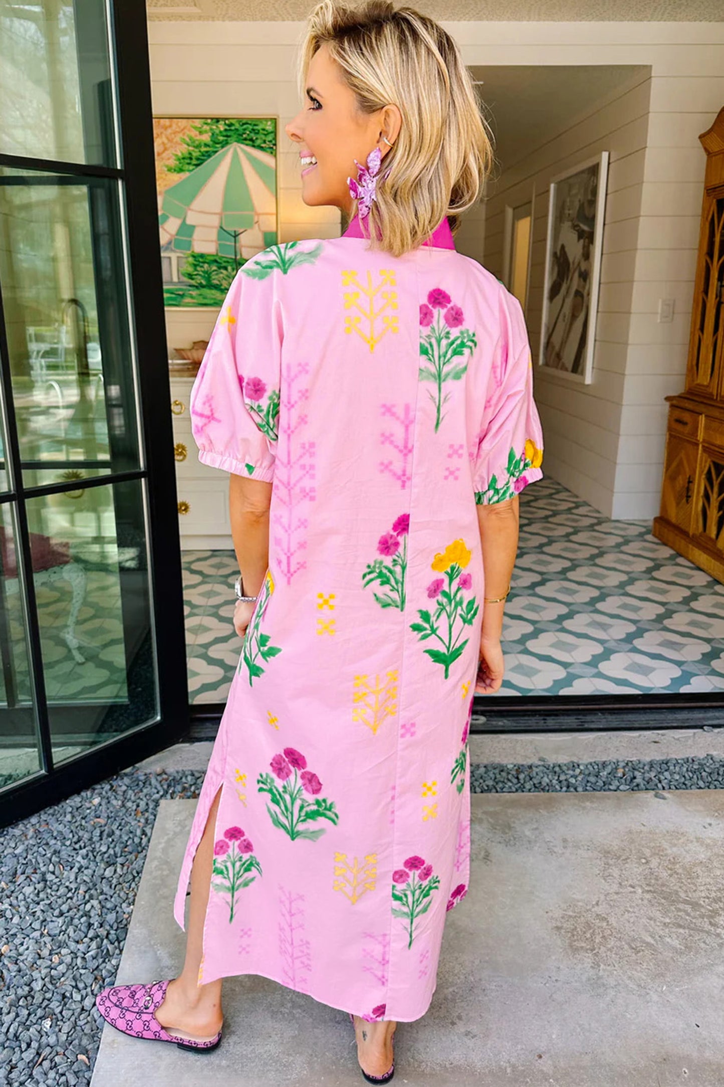 Pink Floral Print Short Sleeve Colorblcok Trim V Neck Midi Dress