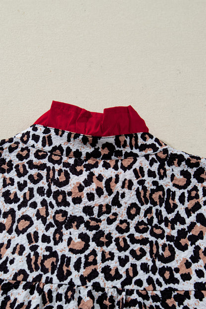 Khaki Contrast Frilled V Neck Trimmed Leopard Shirt