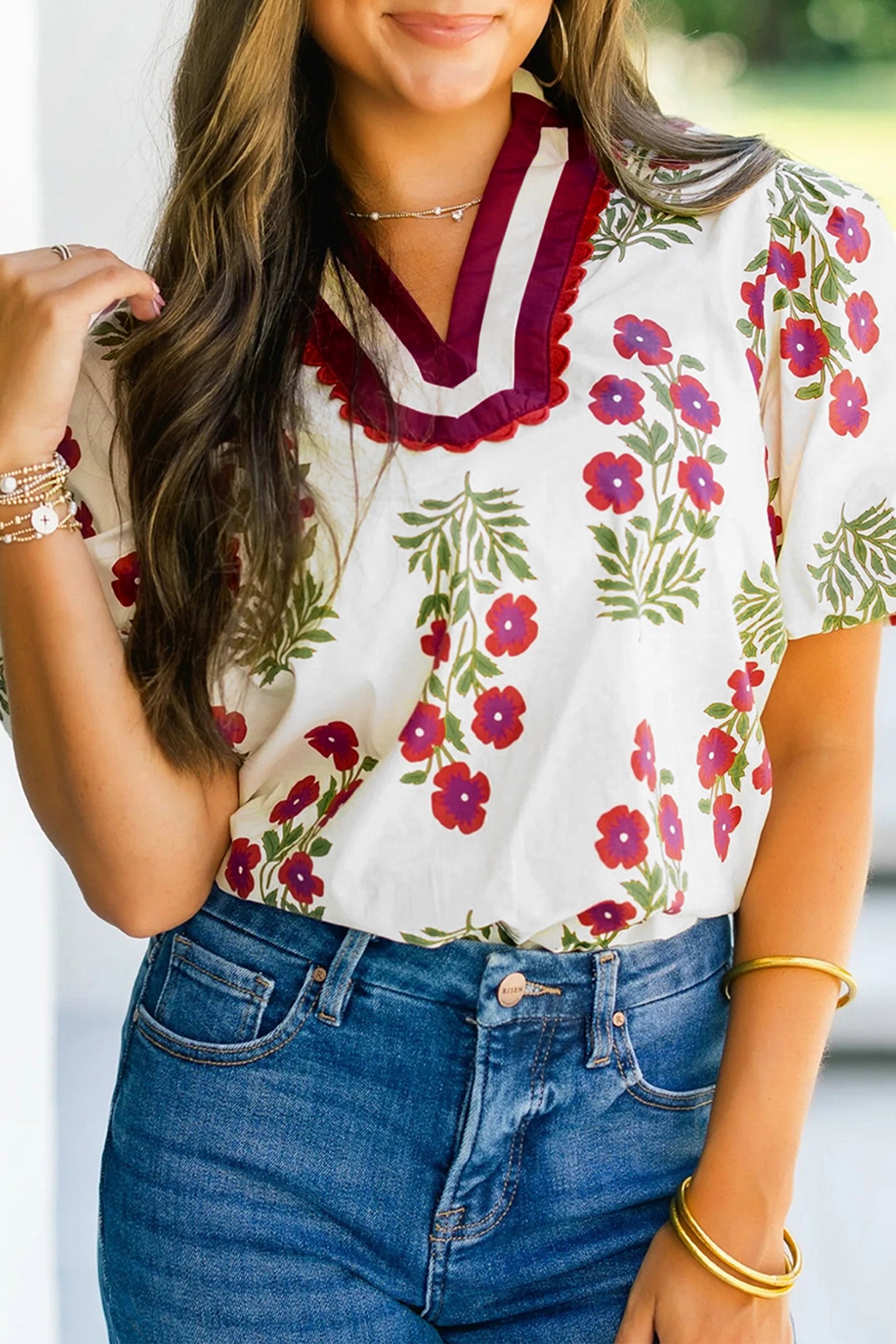 Black Floral Short Bubble Sleeve Contrast Slit Neckline Blouse