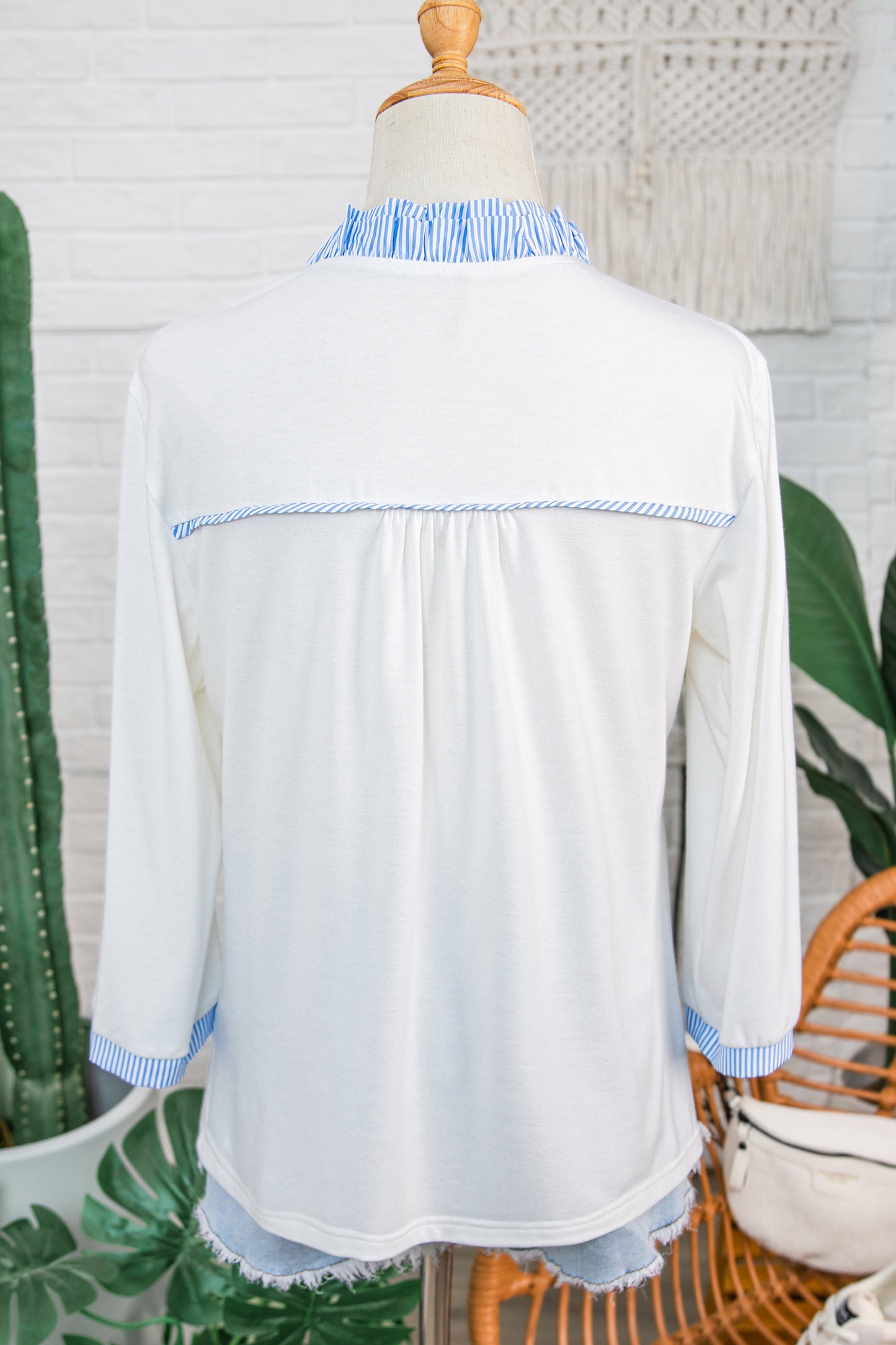 White Striped Patchwork V Neck 3/4 Sleeve Blouse