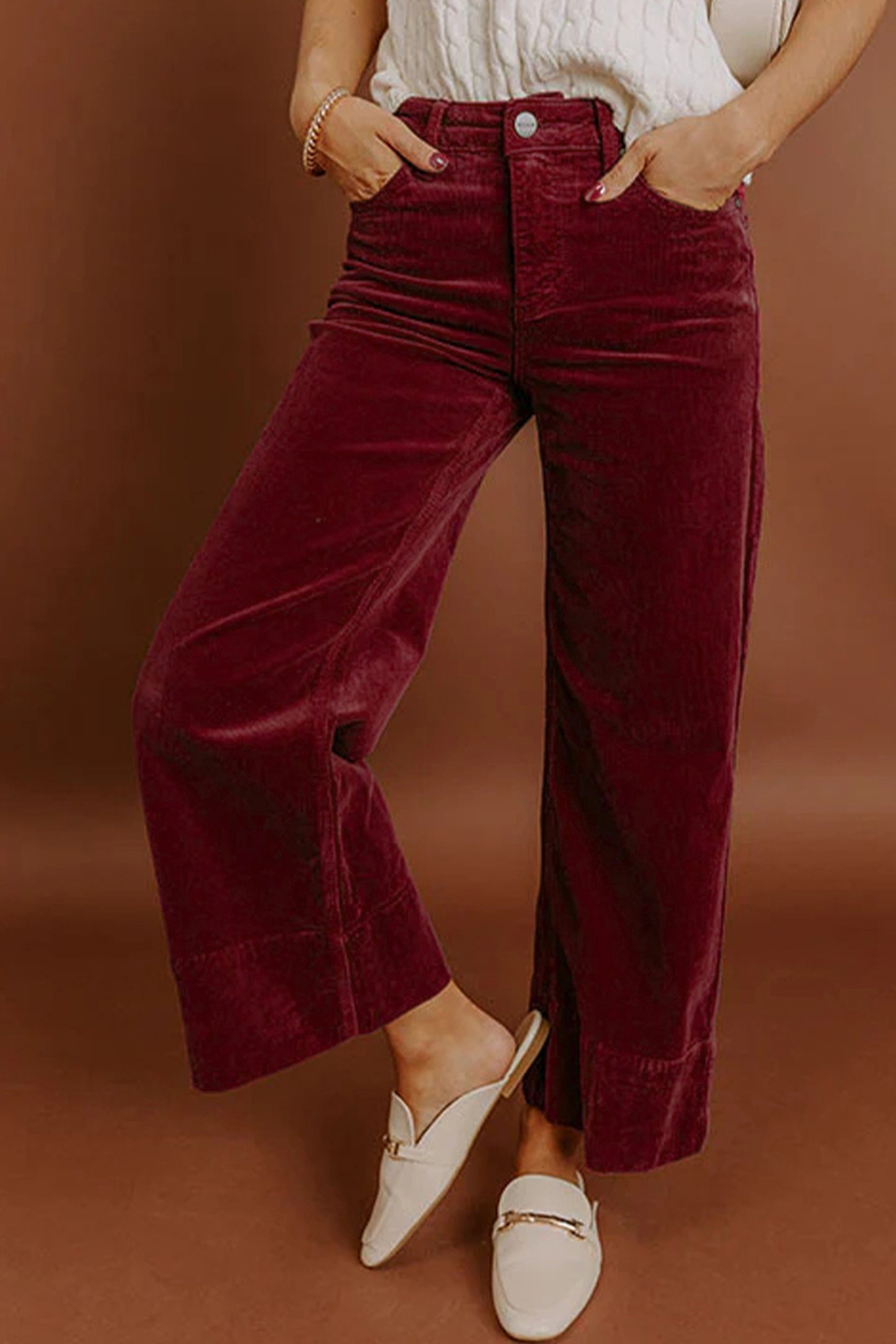 Vineyard Green Corduroy Solid Color High Waist Wide Leg Pants