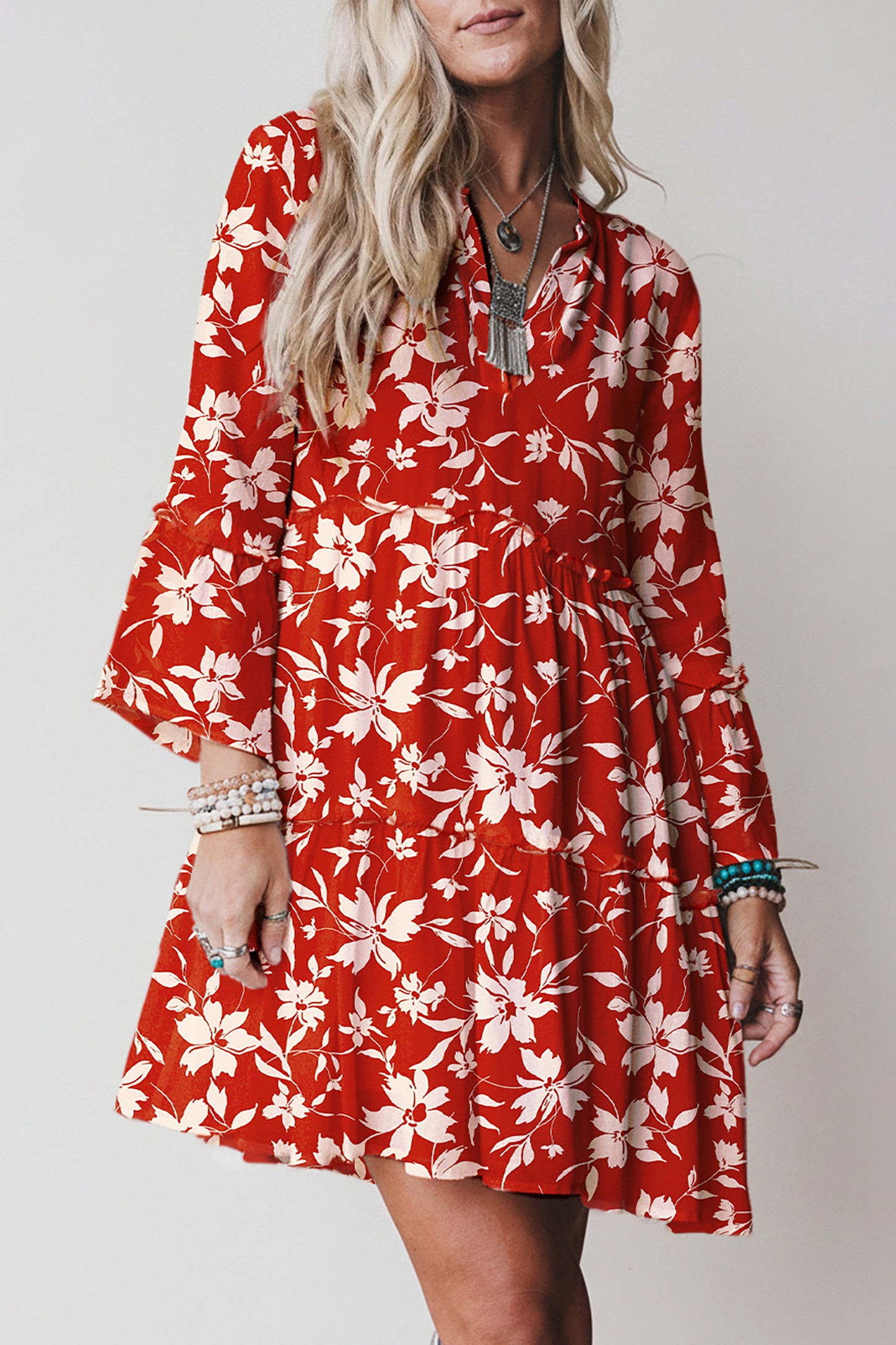 Sky Blue Boho Floral Print Lettuce Trim 3/4 Sleeve Mini Dress