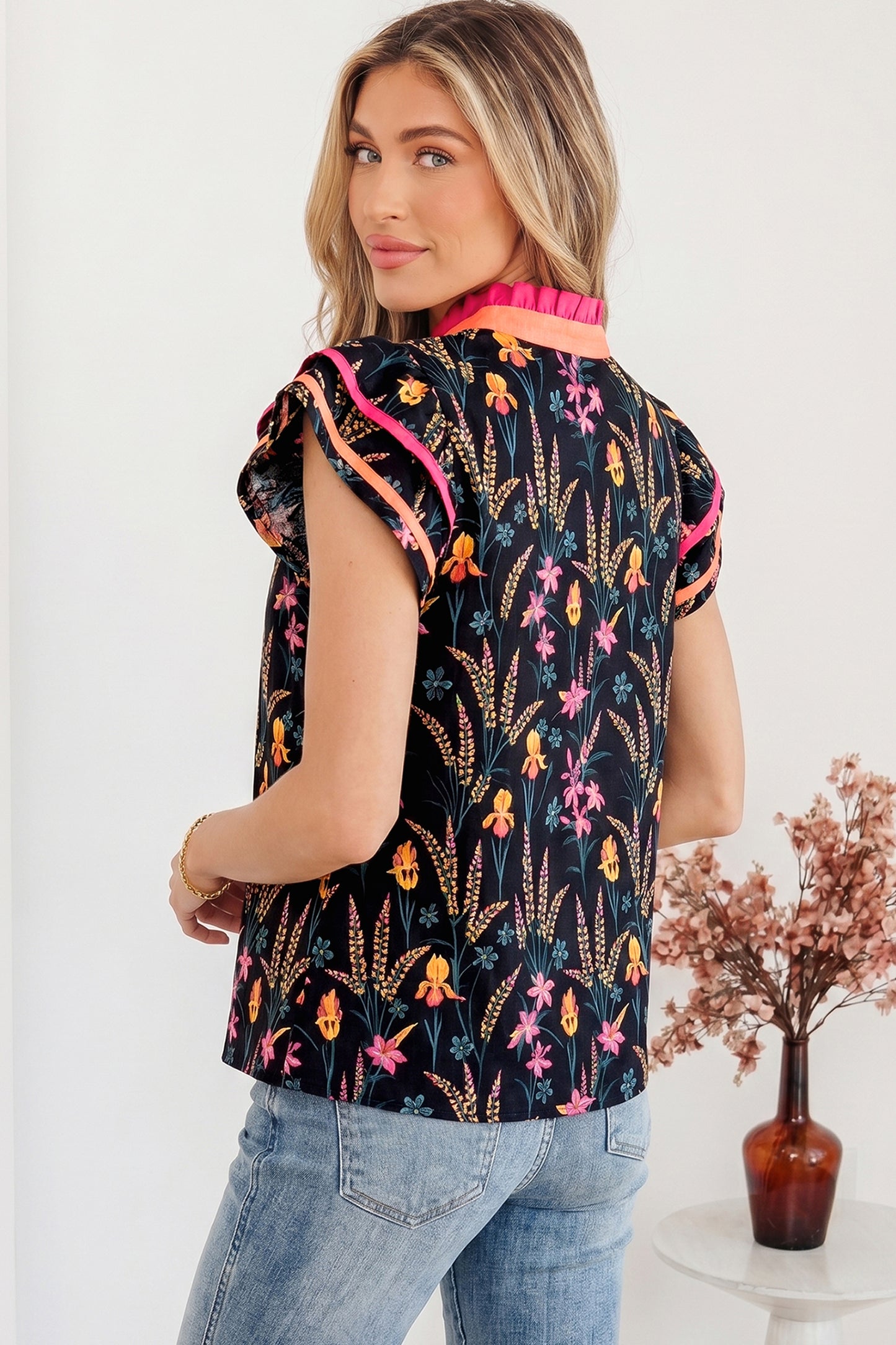 Black Floral Print Contrast Trim Tiered Ruffled Short Sleeve Blouse