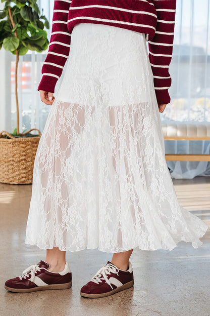 White Sheer Floral Lace Flowy Maxi Skirt