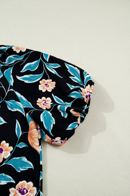 Black Floral Short Bubble Sleeve Buttoned Notched Neck Blouse